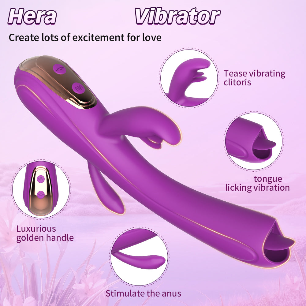 Triple-action rabbit vibrator with licking tongue